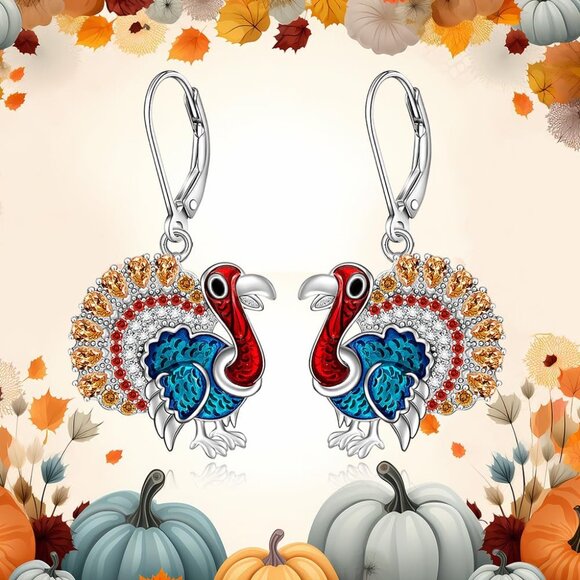 Christmas Sterling Silver Style Turkey Earrings Women's Dangle Jewelry - Picture 6 of 9